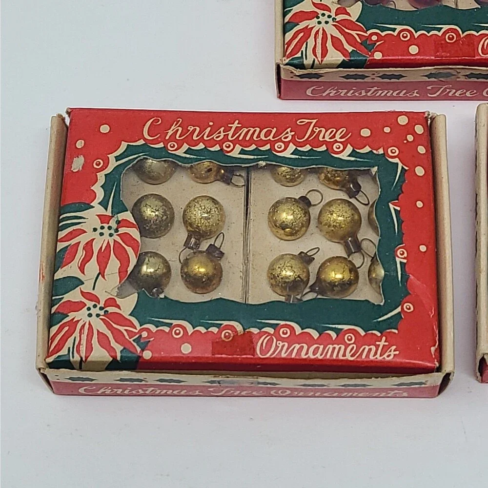 72 VTG Mercury Glass Mini Feather Tree Christmas Ball Ornaments in Box JAPAN